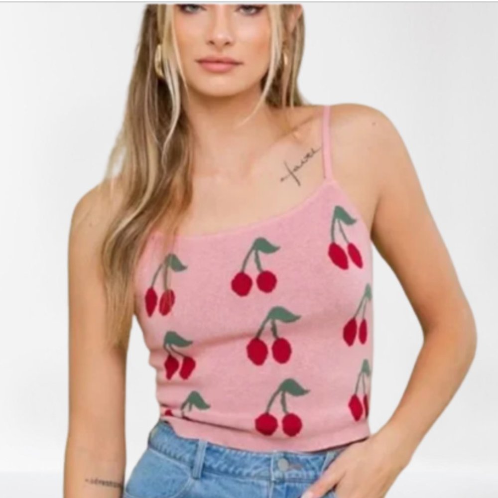 Le Lis Cherry Print Crop Knit Cami, L NWT